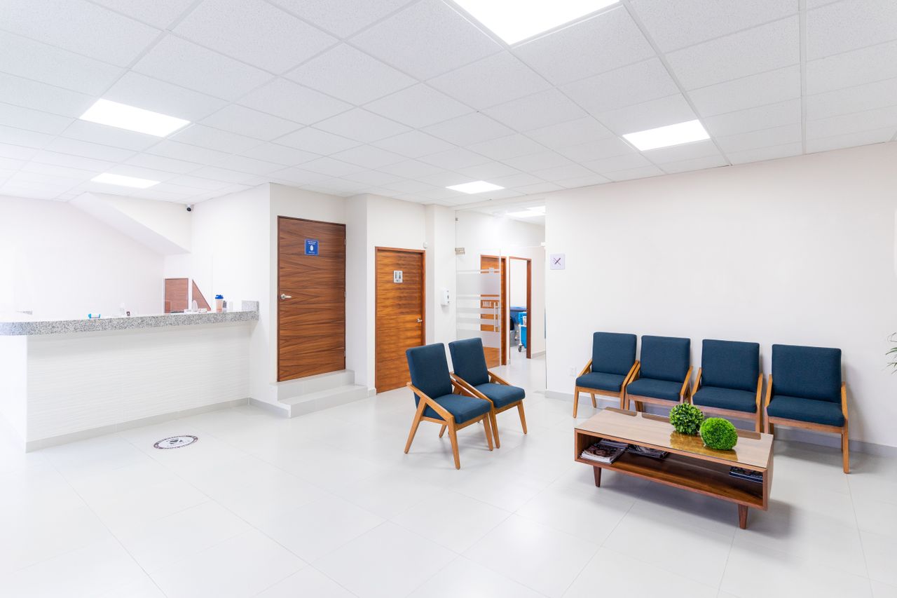 The calm, plant-filled waiting room at Acme Clinic